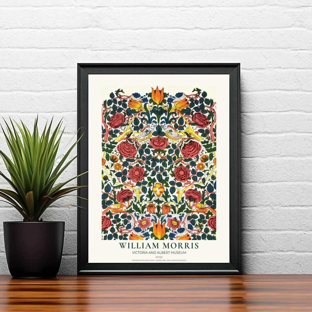 An arched botanical trellis highlights this 19th-century William Morris Rose exhibition poster. Shop premium framed, unframed, and canvas options available online today from MapYourDreams for cozy living spaces.