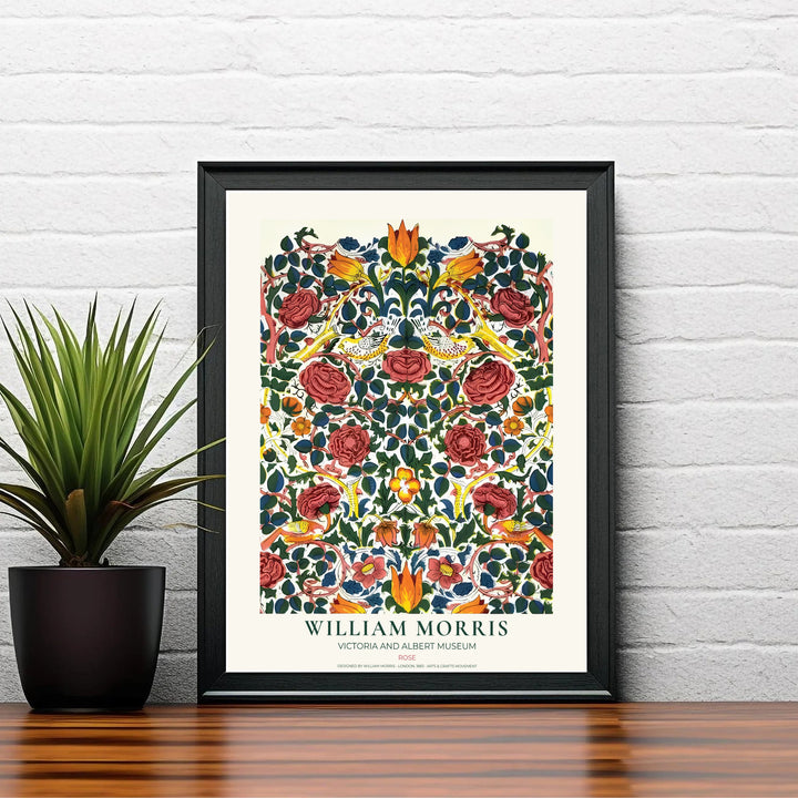 An arched botanical trellis highlights this 19th-century William Morris Rose exhibition poster. Shop premium framed, unframed, and canvas options available online today from MapYourDreams for cozy living spaces.