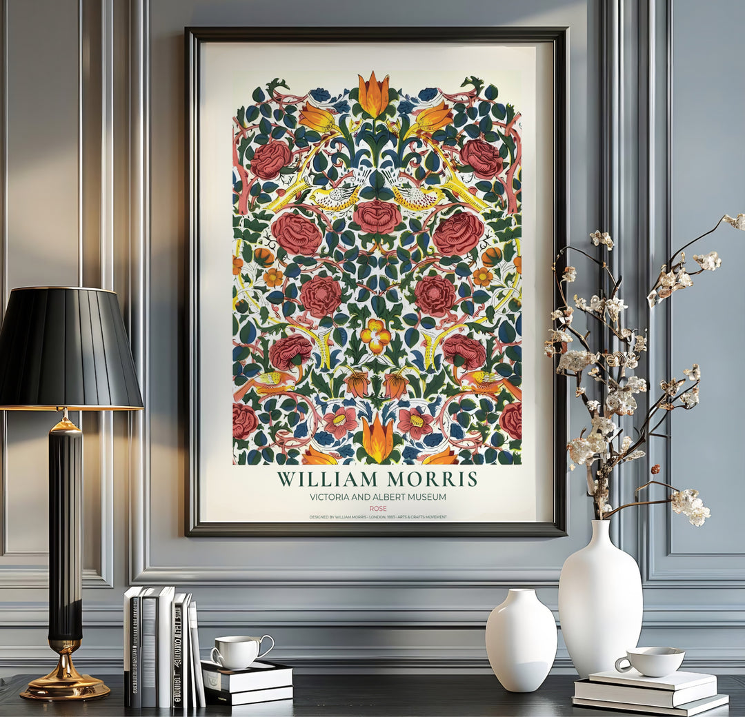 Deep crimson petals swirl around songbirds in this William Morris Rose art print. Discover ready-to-hang framed, unframed, and canvas options available at MapYourDreams for effortless room decoration.