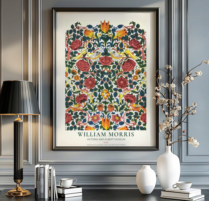 Deep crimson petals swirl around songbirds in this William Morris Rose art print. Discover ready-to-hang framed, unframed, and canvas options available at MapYourDreams for effortless room decoration.