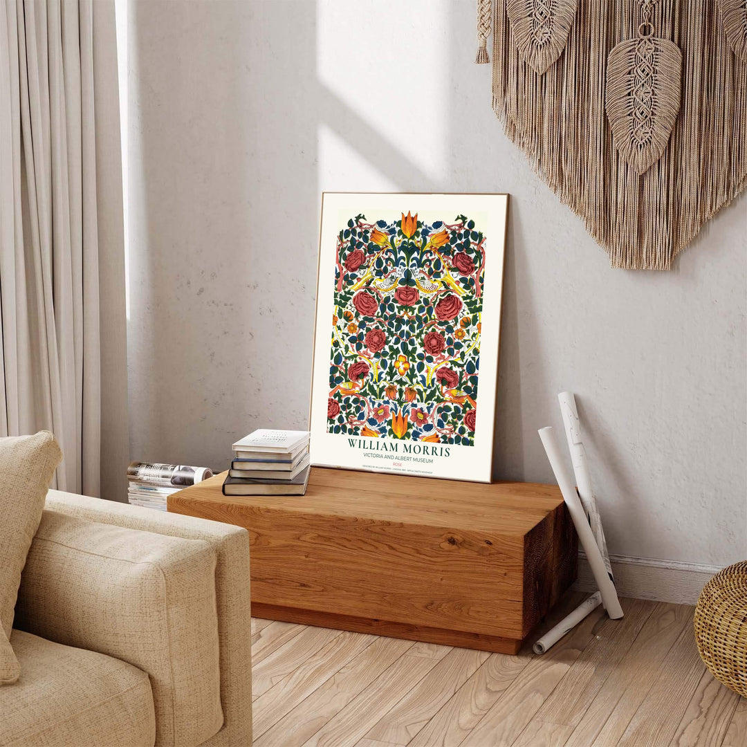 Songbirds perched amidst rose bushes highlight this V&amp;A William Morris Rose poster. Select high-grade framed, unframed, and canvas options available at MapYourDreams to enhance your entryway wall decor.