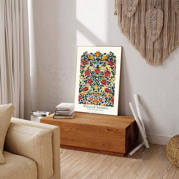 Songbirds perched amidst rose bushes highlight this V&amp;A William Morris Rose poster. Select high-grade framed, unframed, and canvas options available at MapYourDreams to enhance your entryway wall decor.