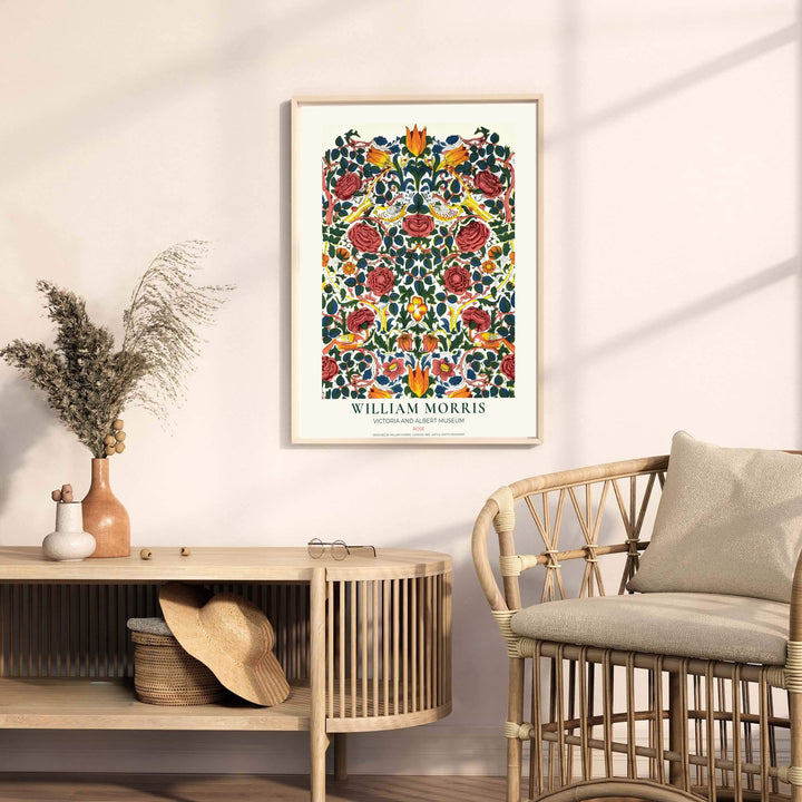 Warm red tones meet yellow birds in a sophisticated William Morris Rose artwork print. MapYourDreams provides stylish framed, unframed, and canvas options available for designing elegant living quarters.