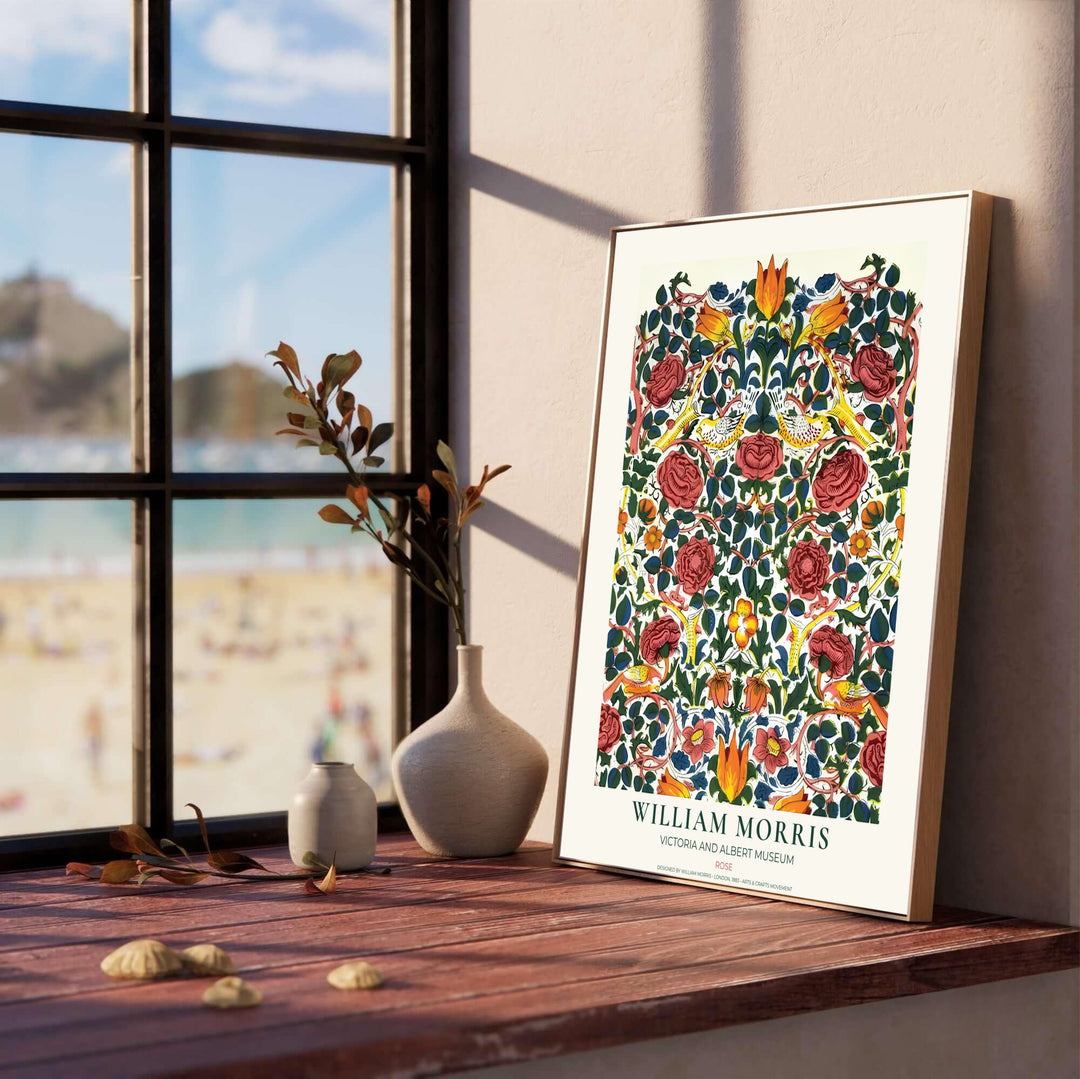 Vibrant red blooms and yellow songbirds define this Victorian William Morris Rose wall hanging. Select durable framed, unframed, and canvas options available at MapYourDreams to match your custom picture frame choices.