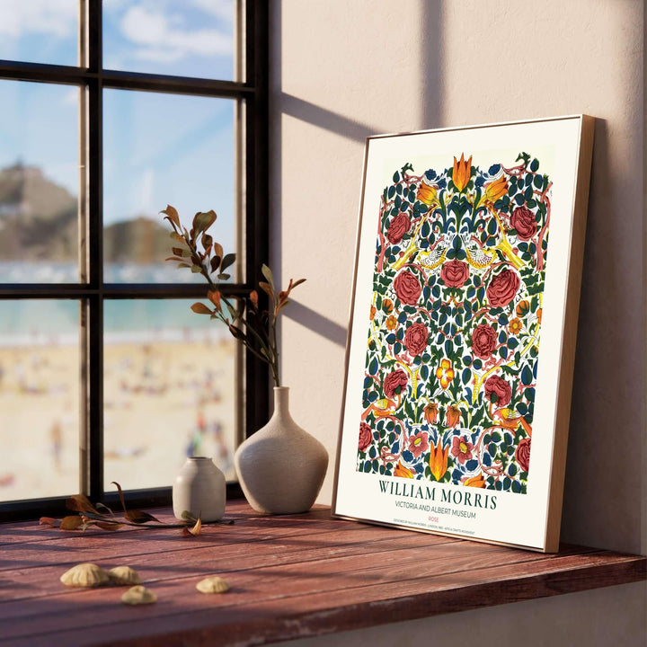 Vibrant red blooms and yellow songbirds define this Victorian William Morris Rose wall hanging. Select durable framed, unframed, and canvas options available at MapYourDreams to match your custom picture frame choices.