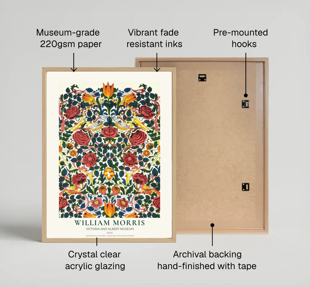 Yellow tulips and crimson blossoms surround perched birds in this 1883 William Morris Rose poster. Discover high-quality framed, unframed, and canvas options available at MapYourDreams to style your living room gallery wall.