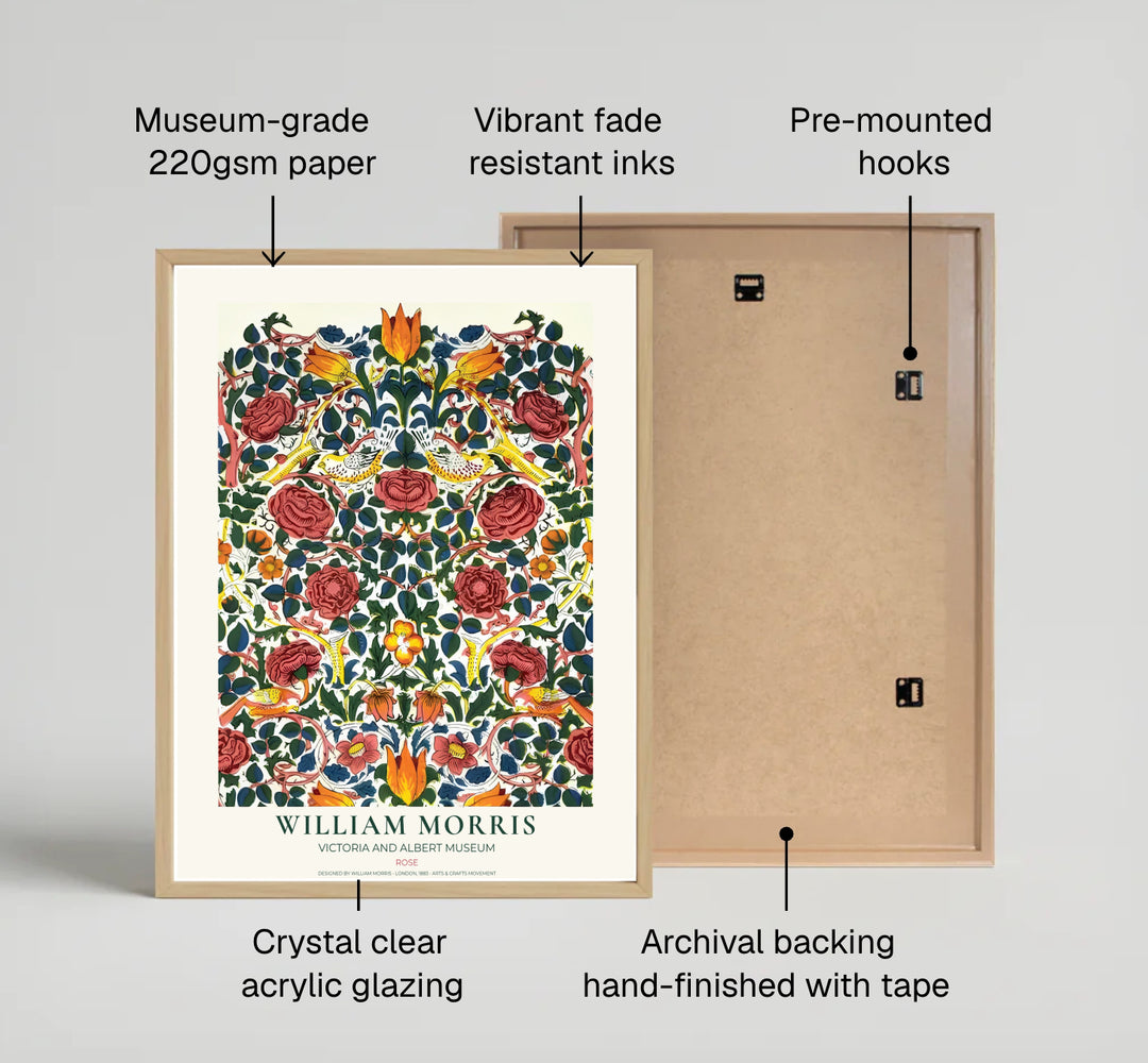 Yellow tulips and crimson blossoms surround perched birds in this 1883 William Morris Rose poster. Discover high-quality framed, unframed, and canvas options available at MapYourDreams to style your living room gallery wall.