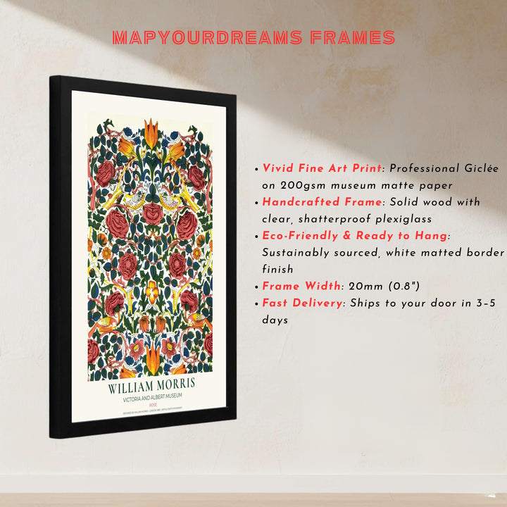 Rich crimson and golden yellow colors lend a cozy feel to this William Morris Rose layout. Browse archival framed, unframed, and canvas options available at MapYourDreams to build a vintage gallery wall display.