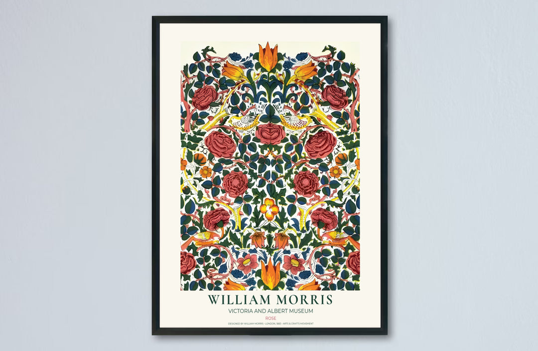 Red roses and yellow songbirds nestle inside lush foliage in this William Morris Rose print. MapYourDreams supplies this vintage botanical artwork in framed, unframed, and canvas options available for romantic bedroom wall decor.