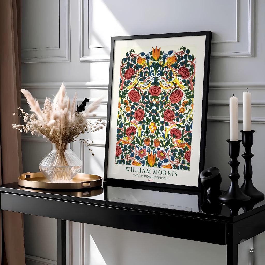 Symmetrical floral trellises hold red roses and small birds in this William Morris Rose art print. MapYourDreams provides archival framed, unframed, and canvas options available for nature-inspired home interior decoration.
