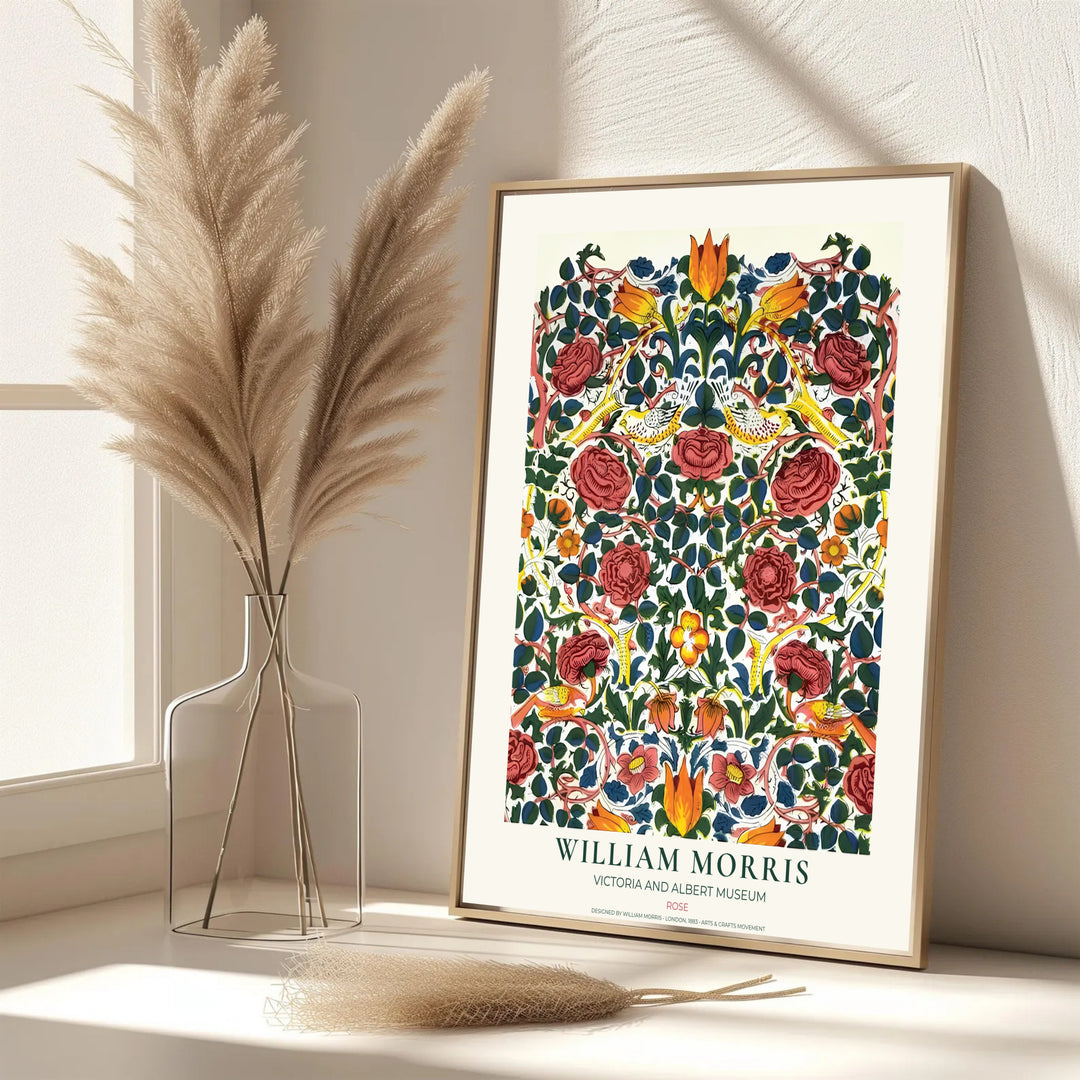 Swirling botanical branches enclose songbirds in this vintage William Morris Rose design for wall decor. MapYourDreams offers versatile framed, unframed, and canvas options available to refresh your home space.