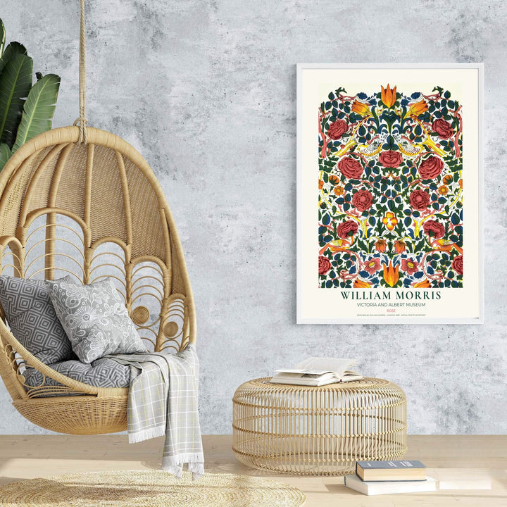 Romantic floral and bird art combine for a natural aesthetic in this William Morris Rose poster. Shop ready-to-ship framed, unframed, and canvas options available from MapYourDreams to complement modern decor.