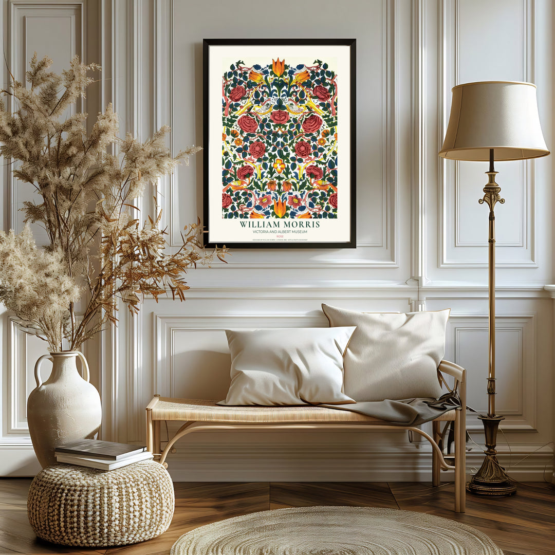 Botanical line art and songbird illustrations bring historic charm in this William Morris Rose print. MapYourDreams delivers museum-quality framed, unframed, and canvas options available for quick home delivery.