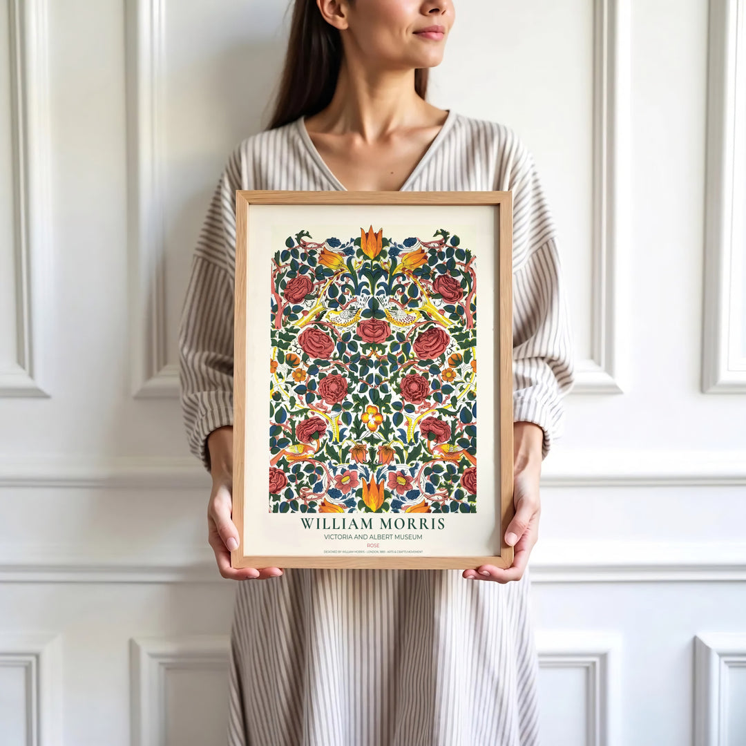 Yellow songbirds and deep red roses highlight the central design of this William Morris Rose print. Find stunning framed, unframed, and canvas options available at MapYourDreams for a gallery wall display.
