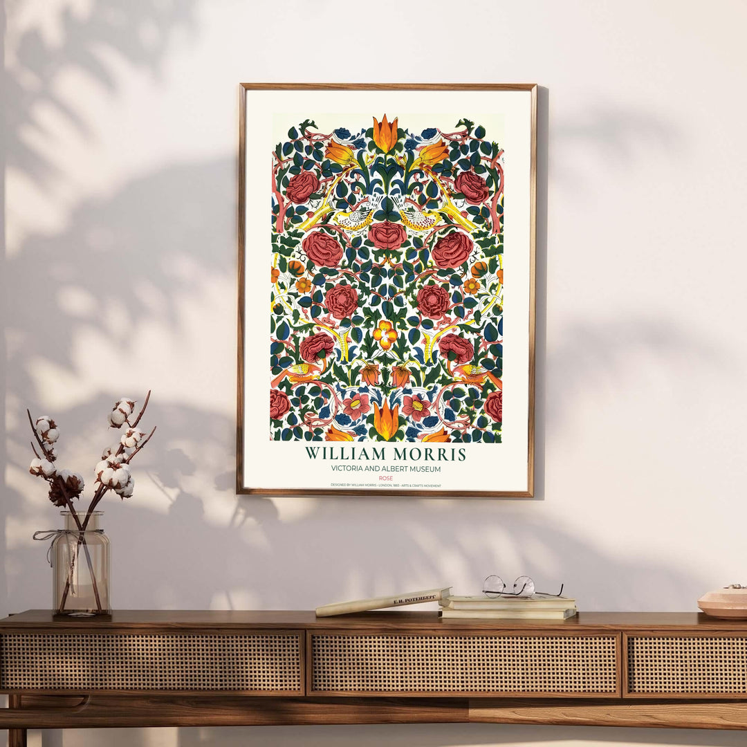 A romantic red and yellow colorway transforms this classic 1883 William Morris Rose design for home spaces. Explore fine framed, unframed, and canvas options available at MapYourDreams for lasting wall beauty.