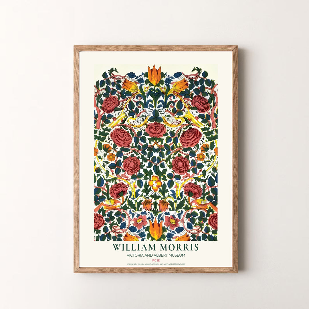 Muted green and red wall decor inspired by 1883 textiles defines this William Morris Rose print. MapYourDreams brings tailored framed, unframed, and canvas options available to match your unique home aesthetic.