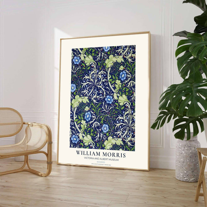 Inspired by classic 1890 textile patterns, this William Morris Seaweed art piece features fluid floral graphics. Explore versatile framed, unframed, and canvas options available at MapYourDreams for coastal home decor.