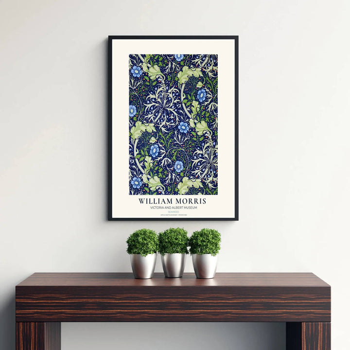 Cool blue and soft sage green shades combine in this timeless English William Morris Seaweed print layout. Choose tailored framed, unframed, and canvas options available at MapYourDreams to complement light furniture.