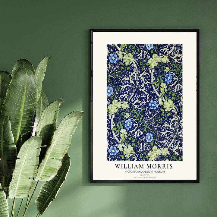 A dark cobalt aquatic layout highlights this 19th-century William Morris Seaweed exhibition poster. Shop premium framed, unframed, and canvas options available online today from MapYourDreams for serene living spaces.