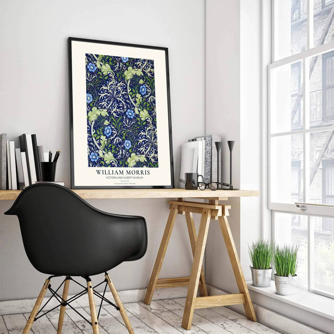 Flowing sage leaves and dark blue underwater patterns define this Victorian William Morris Seaweed wall poster. Select durable framed, unframed, and canvas options available at MapYourDreams to match your custom picture frame choices.
