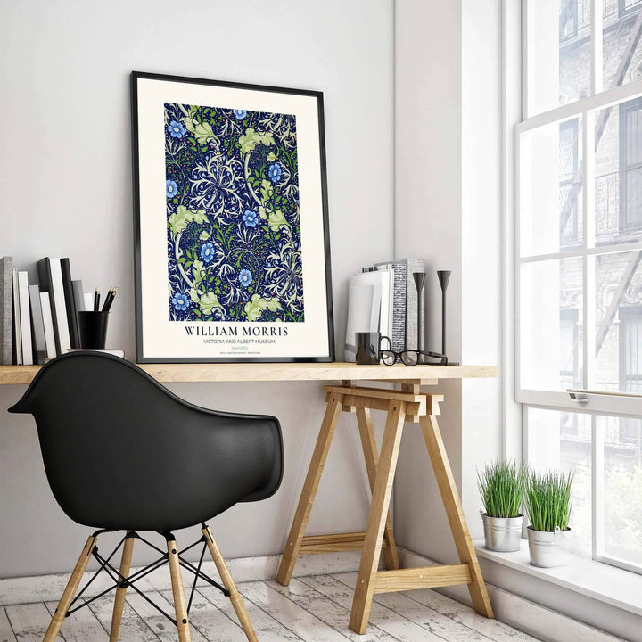 Flowing sage leaves and dark blue underwater patterns define this Victorian William Morris Seaweed wall poster. Select durable framed, unframed, and canvas options available at MapYourDreams to match your custom picture frame choices.