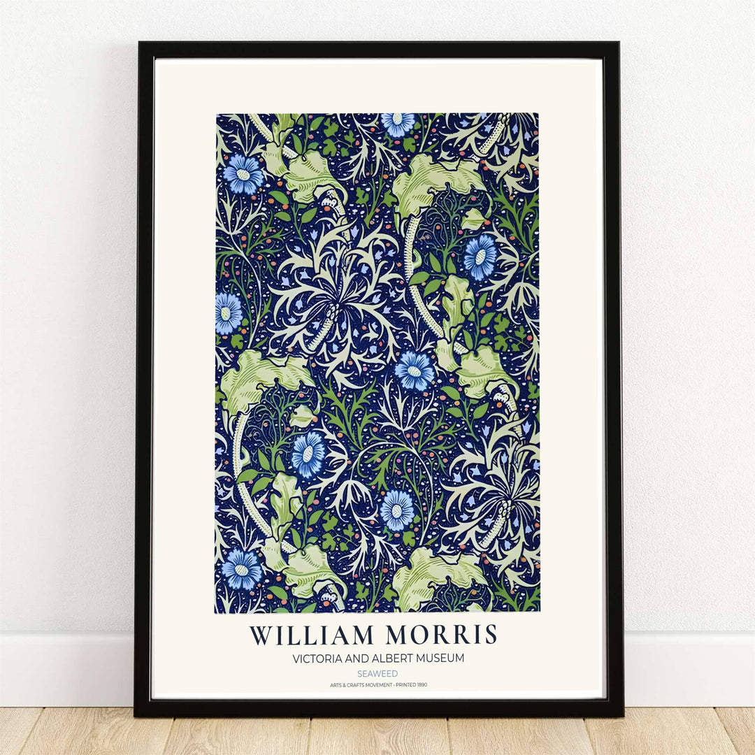Pale green seaweed fronds and blue flowers swirl on cobalt in this William Morris Seaweed print. MapYourDreams supplies this vintage botanical artwork in framed, unframed, and canvas options available for coastal bathroom wall decor.