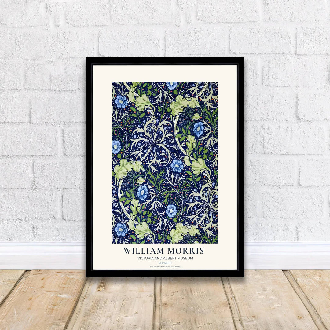 Restful underwater leaves and blue floral details define this William Morris Seaweed textile print. MapYourDreams offers fine art framed, unframed, and canvas options available to elevate spa-like bathroom gallery wall setups.