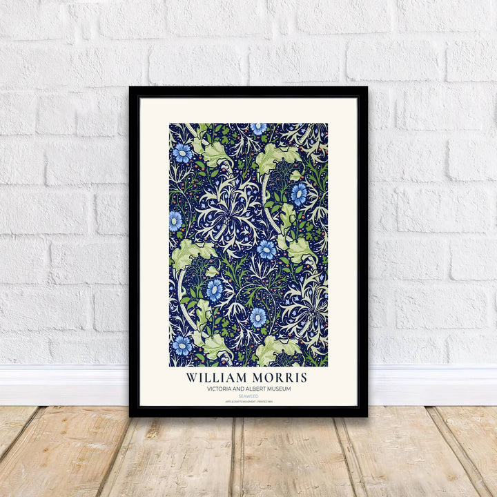 Restful underwater leaves and blue floral details define this William Morris Seaweed textile print. MapYourDreams offers fine art framed, unframed, and canvas options available to elevate spa-like bathroom gallery wall setups.
