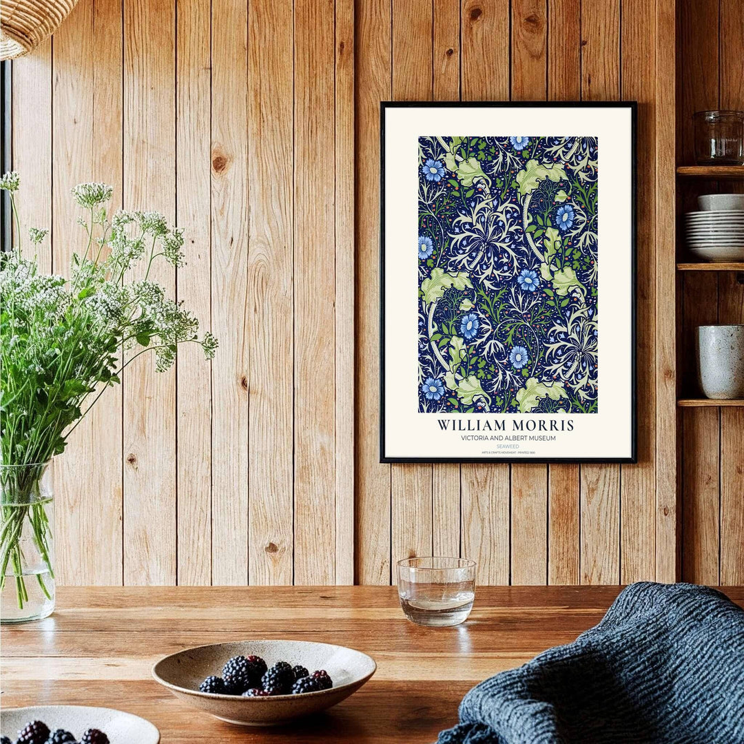 Historical Arts and Crafts wallpaper graphics set in a cream museum border shine in this William Morris Seaweed poster. MapYourDreams presents professional framed, unframed, and canvas options available to suit your frame style.
