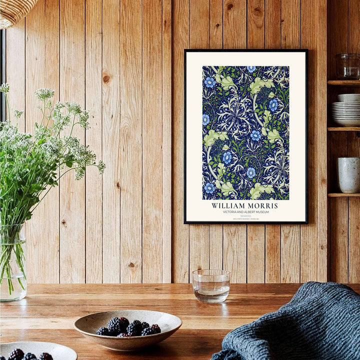 Historical Arts and Crafts wallpaper graphics set in a cream museum border shine in this William Morris Seaweed poster. MapYourDreams presents professional framed, unframed, and canvas options available to suit your frame style.