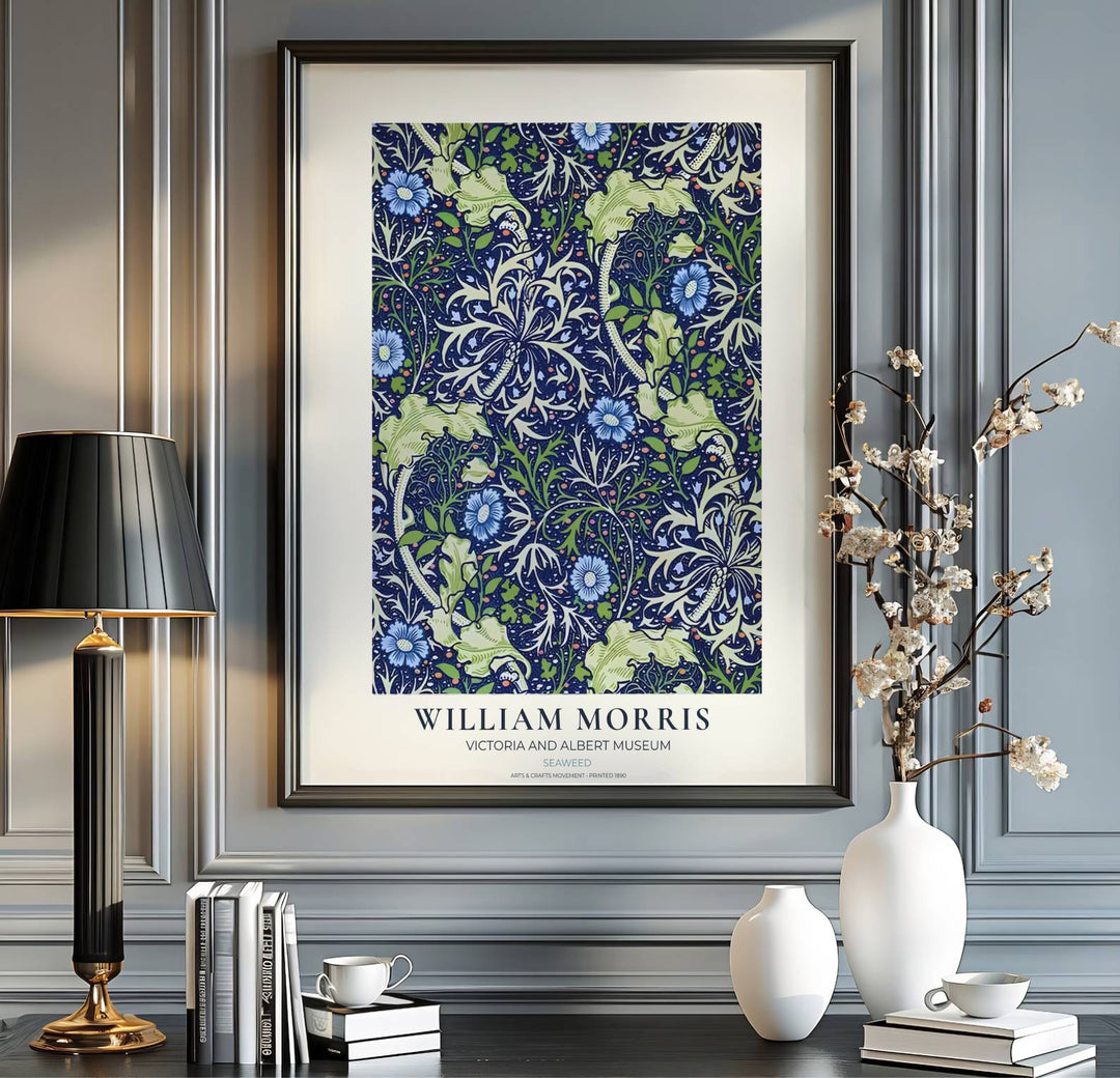Historical Arts and Crafts wallpaper graphics set in a cream museum border shine in this William Morris Seaweed poster. MapYourDreams presents professional framed, unframed, and canvas options available to suit your frame style.