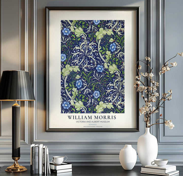 Historical Arts and Crafts wallpaper graphics set in a cream museum border shine in this William Morris Seaweed poster. MapYourDreams presents professional framed, unframed, and canvas options available to suit your frame style.