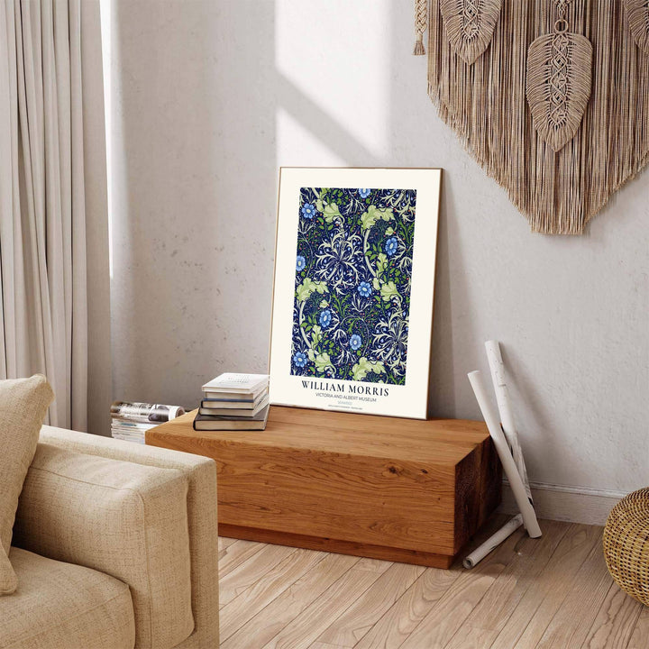Cool blue tones meet aquatic green leaves in a sophisticated William Morris Seaweed artwork print. MapYourDreams provides stylish framed, unframed, and canvas options available for designing peaceful living quarters.