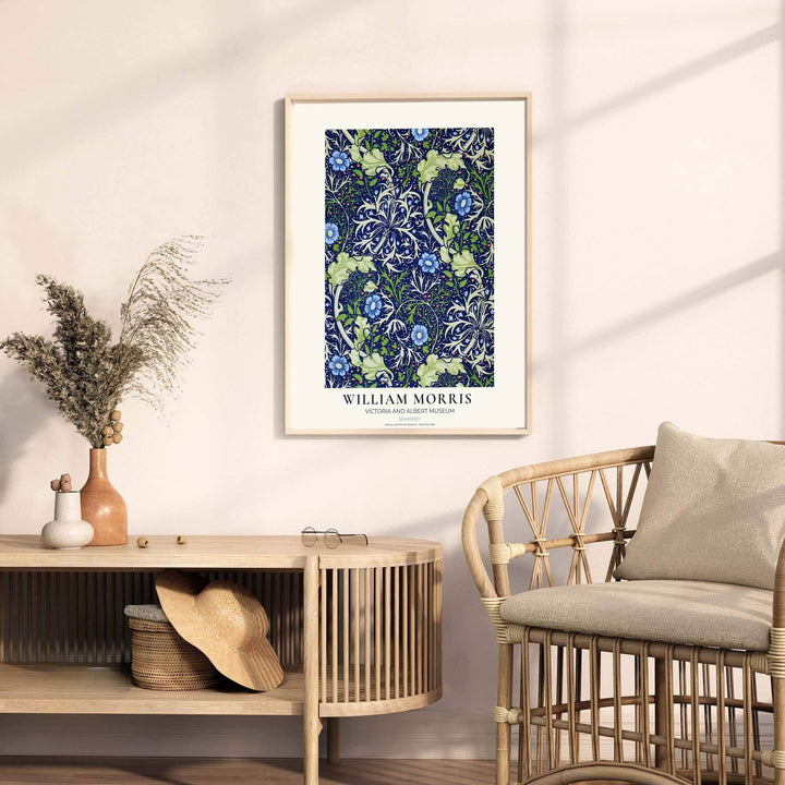 Pale green seaweed fronds and blue flowers decorate this restored William Morris Seaweed wall art piece. Buy long-lasting framed, unframed, and canvas options available at MapYourDreams to expand your home art collection.