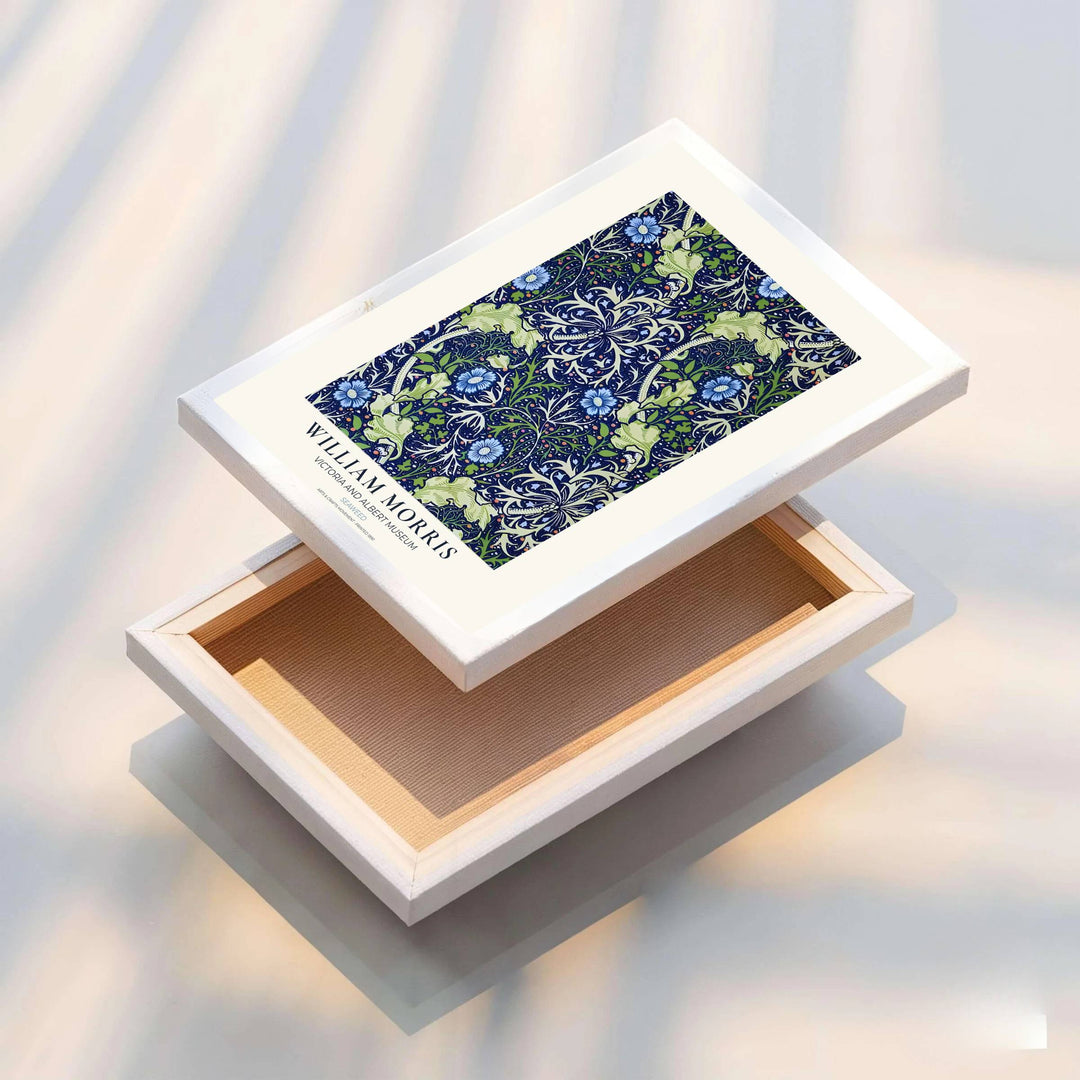 Fluid underwater plants and periwinkle flowers highlight this V&amp;A William Morris Seaweed poster. Select high-grade framed, unframed, and canvas options available at MapYourDreams to enhance your entryway wall decor.