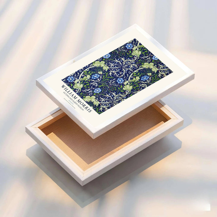 Fluid underwater plants and periwinkle flowers highlight this V&amp;A William Morris Seaweed poster. Select high-grade framed, unframed, and canvas options available at MapYourDreams to enhance your entryway wall decor.