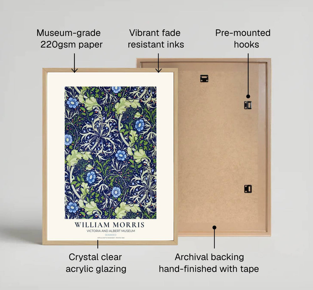 Bright periwinkle blossoms drift amid marine foliage in this 1890 William Morris Seaweed poster. Discover high-quality framed, unframed, and canvas options available at MapYourDreams to style your living room gallery wall.