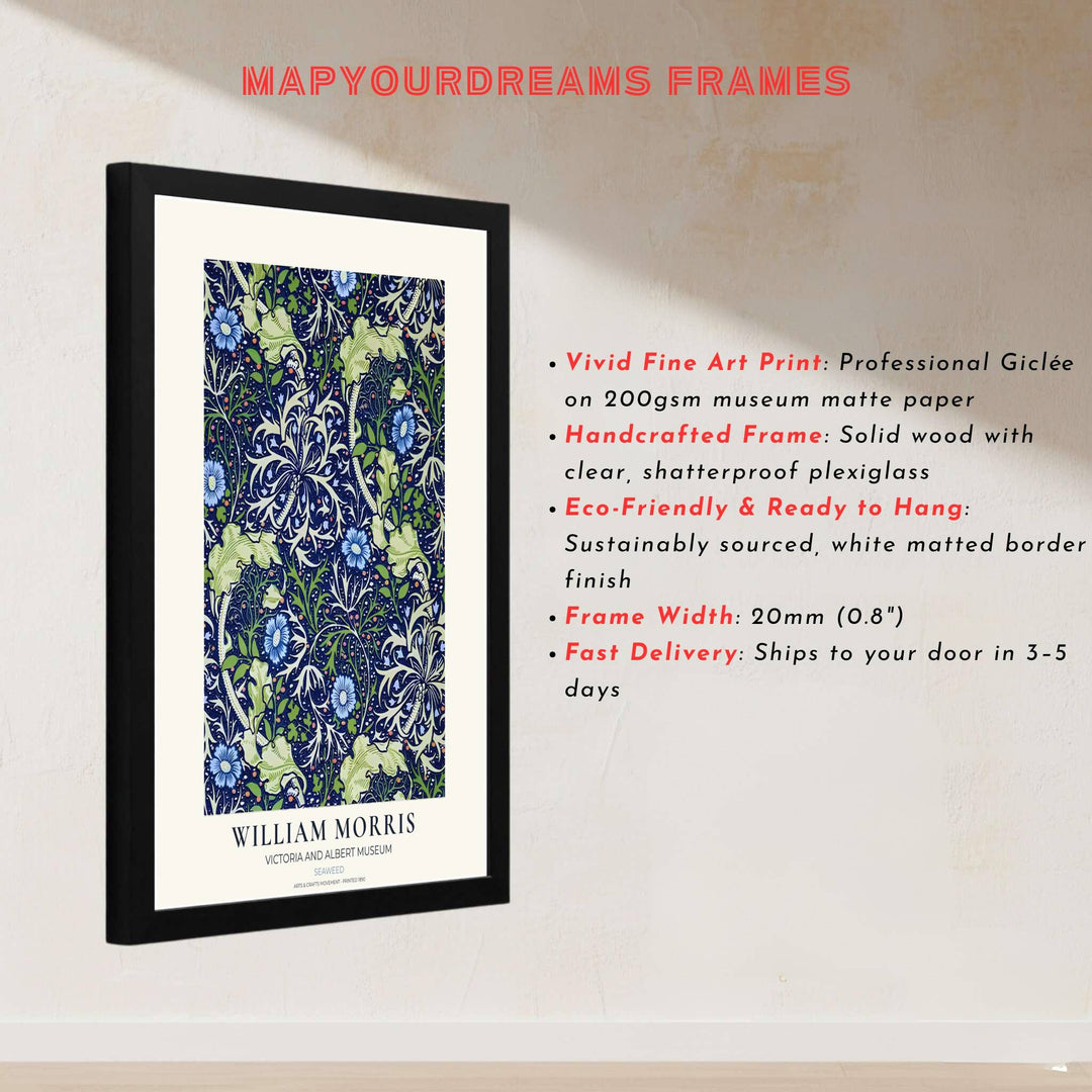Flowing marine vines and blue blossoms create an organic aesthetic in this William Morris Seaweed art print. MapYourDreams features high-resolution framed, unframed, and canvas options available for serene bedroom walls.