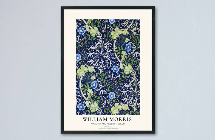 Rich cobalt and pale sage colors lend a relaxing feel to this William Morris Seaweed layout. Browse archival framed, unframed, and canvas options available at MapYourDreams to build a vintage gallery wall display.