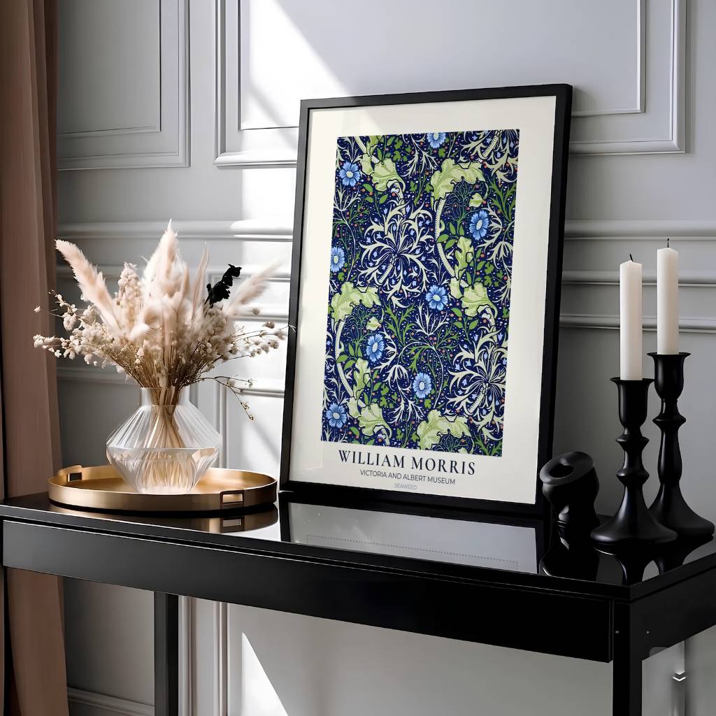 Pale green foliage and cobalt blue dots highlight this restored William Morris Seaweed print design. Order beautiful framed, unframed, and canvas options available at MapYourDreams to create an eye-catching focal point.