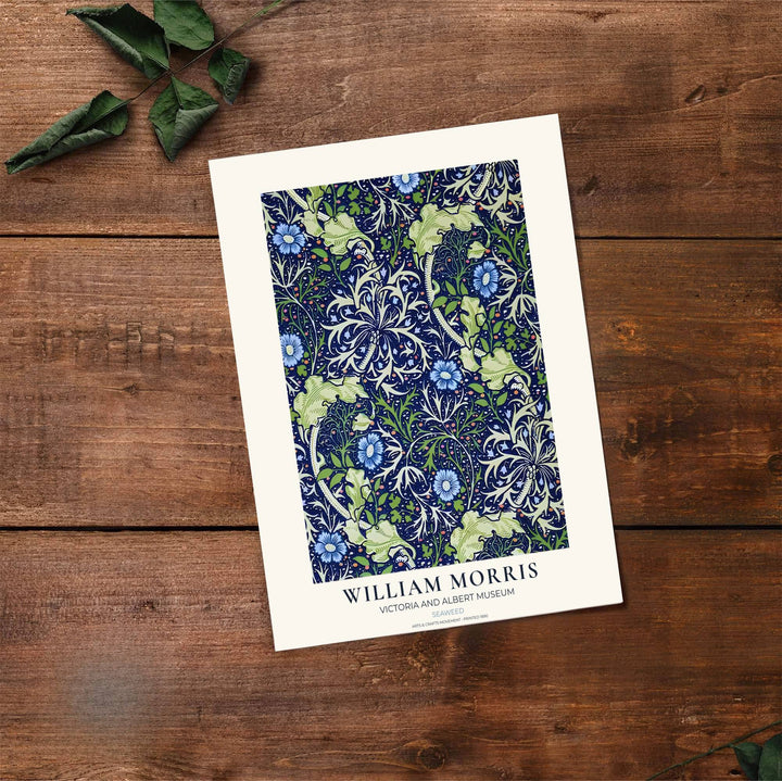 English textile heritage shines in this blue and green William Morris Seaweed illustration. Order custom framed, unframed, and canvas options available at MapYourDreams to establish a tranquil home interior accent.
