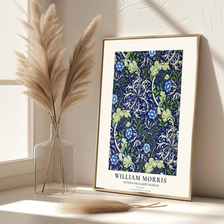 Swirling aquatic tendrils fill the inner composition in this vintage William Morris Seaweed design for wall decor. MapYourDreams offers versatile framed, unframed, and canvas options available to refresh your home space.