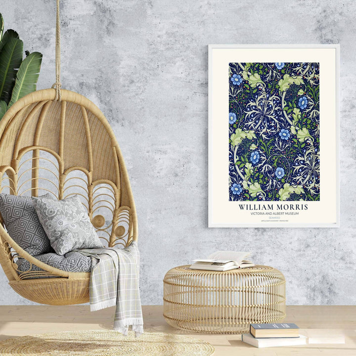 Oceanic floral and foliage art combine for a cool aesthetic in this William Morris Seaweed poster. Shop ready-to-ship framed, unframed, and canvas options available from MapYourDreams to complement modern decor.