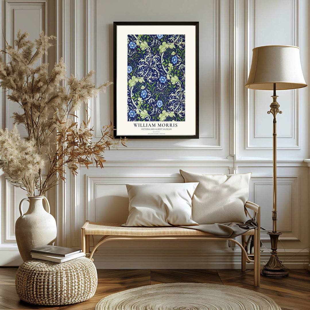 Botanical line art and fluid seaweed illustrations bring historic charm in this William Morris Seaweed print. MapYourDreams delivers museum-quality framed, unframed, and canvas options available for quick home delivery.