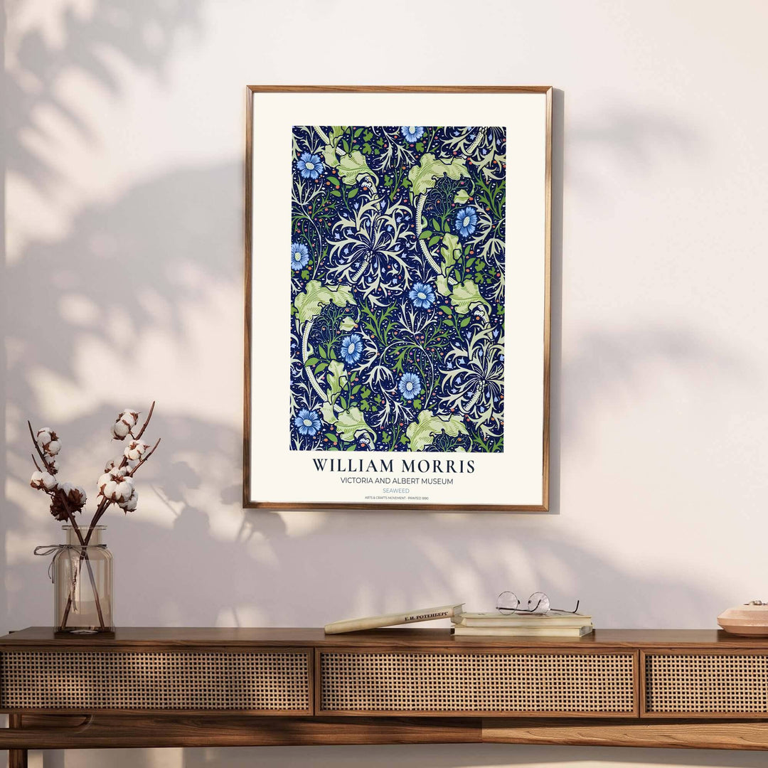 Muted green and blue wall decor inspired by 1890 textiles defines this William Morris Seaweed print. MapYourDreams brings tailored framed, unframed, and canvas options available to match your unique home aesthetic.