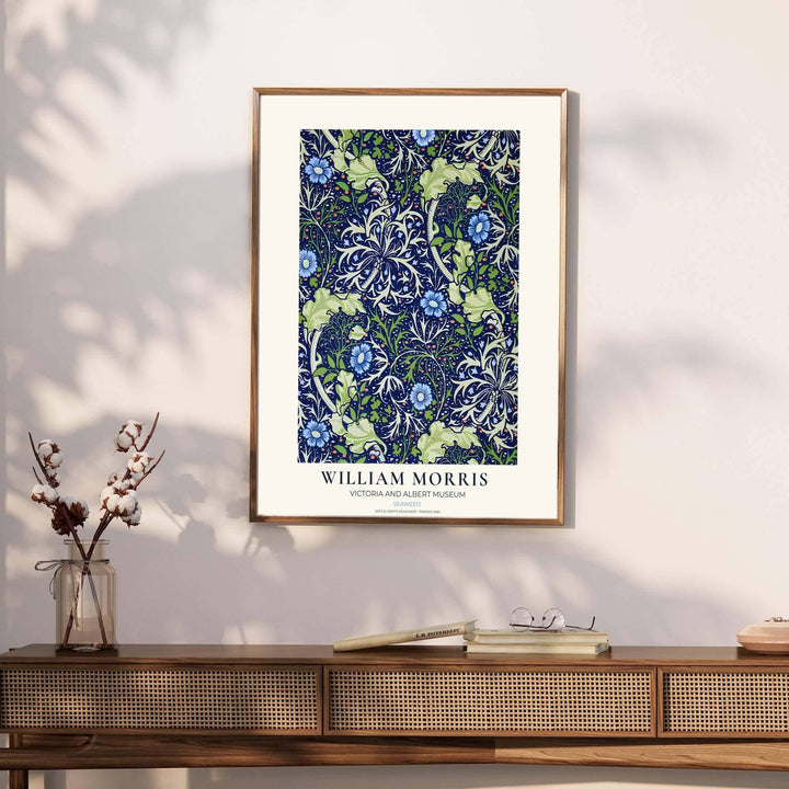 Muted green and blue wall decor inspired by 1890 textiles defines this William Morris Seaweed print. MapYourDreams brings tailored framed, unframed, and canvas options available to match your unique home aesthetic.