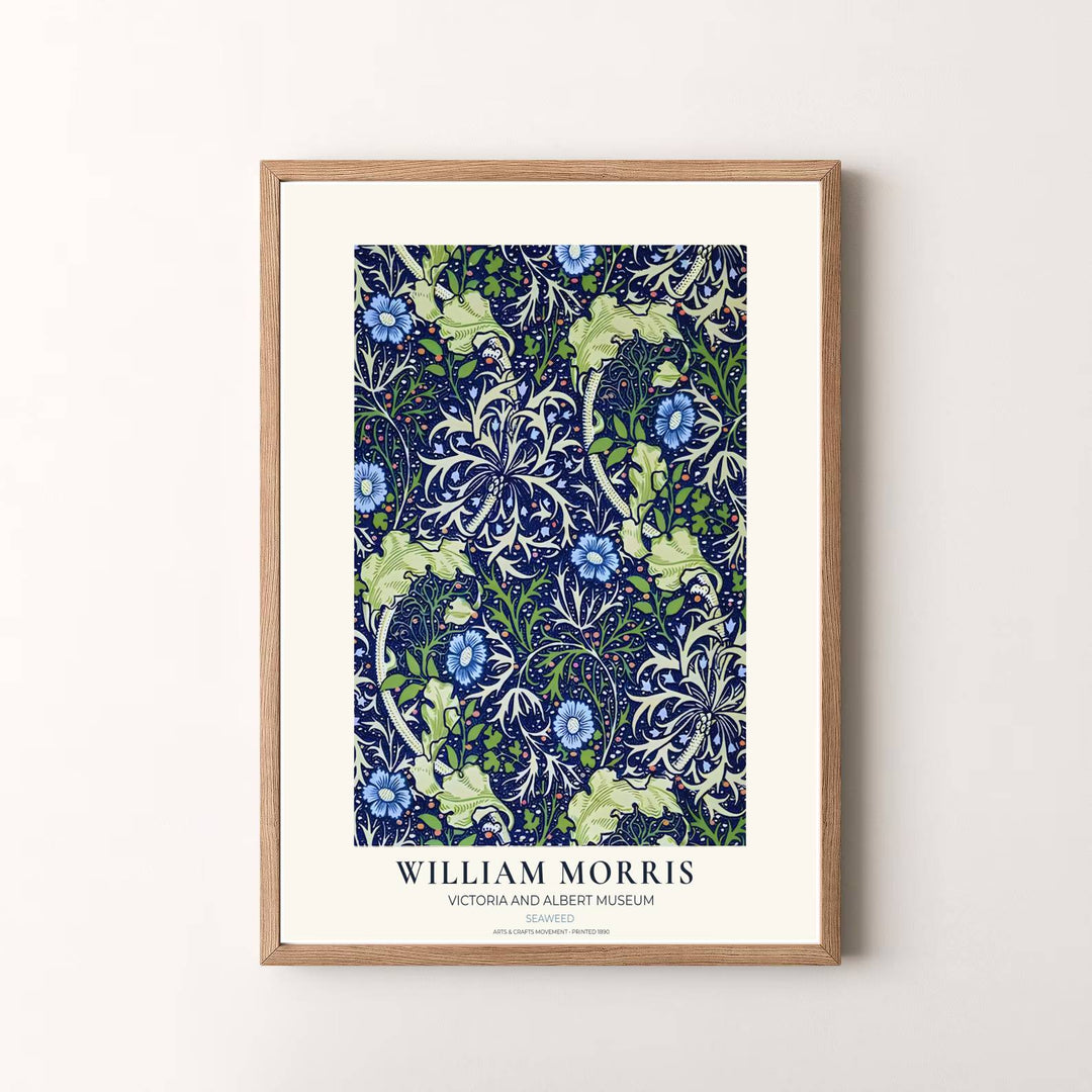 Authentic museum typography frames this ocean blue and green William Morris Seaweed art layout. Pick high-contrast framed, unframed, and canvas options available at MapYourDreams for a refined art presentation.