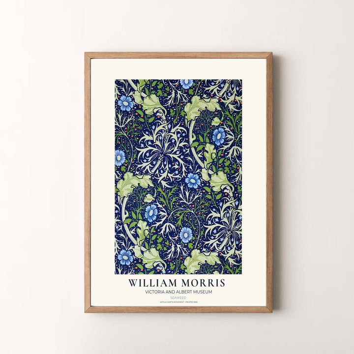Authentic museum typography frames this ocean blue and green William Morris Seaweed art layout. Pick high-contrast framed, unframed, and canvas options available at MapYourDreams for a refined art presentation.