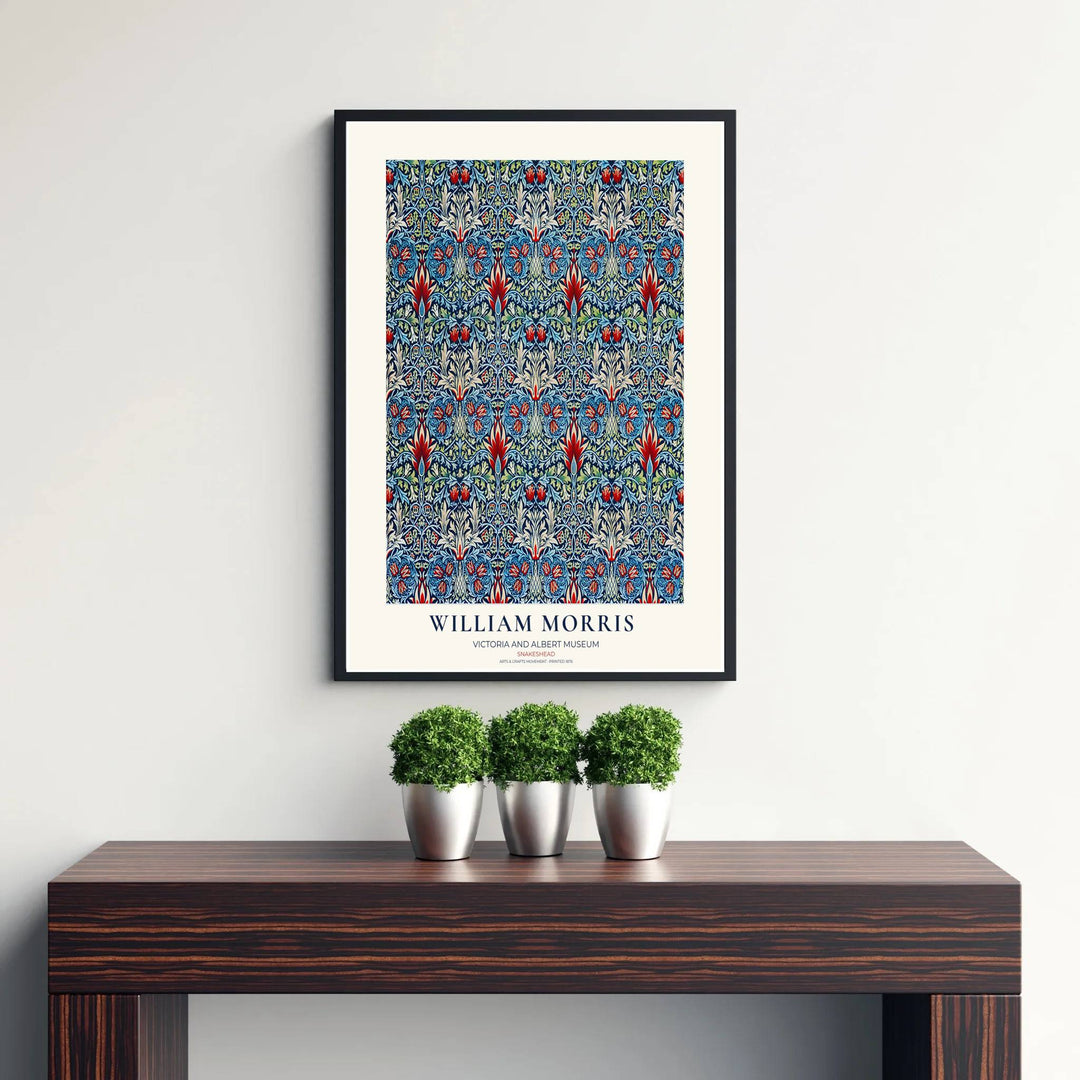 Intricate fritillaria petals mix with indigo leaves in this William Morris Snakeshead wall poster. MapYourDreams delivers museum-grade framed, unframed, and canvas options available with fast shipping for art lovers.
