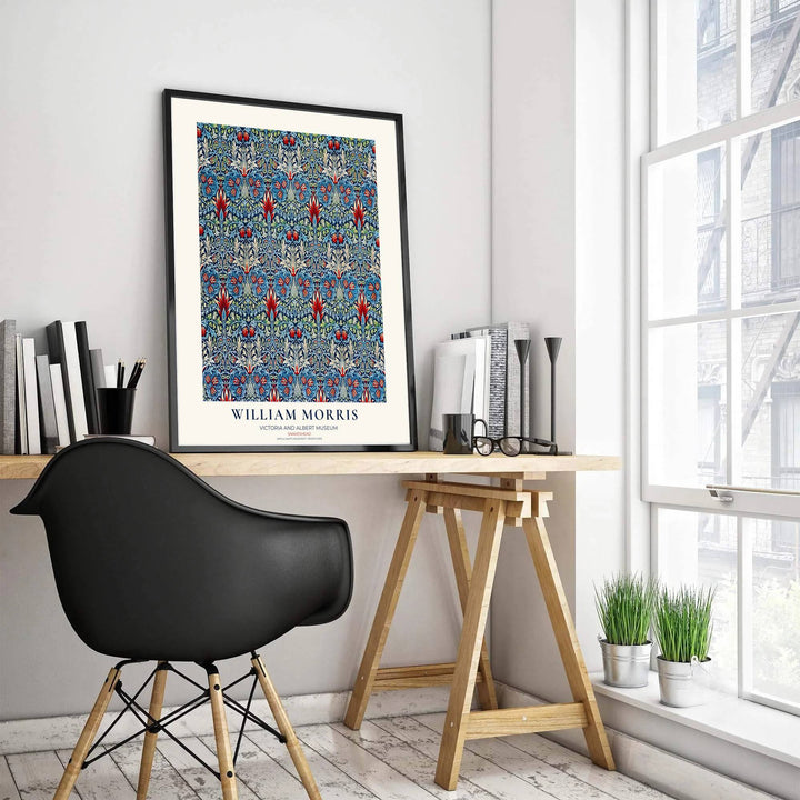 Bring dramatic English heritage into dining spaces with this indigo and red William Morris Snakeshead exhibition layout. MapYourDreams offers custom framed, unframed, and canvas options available for moody, elegant wall displays.